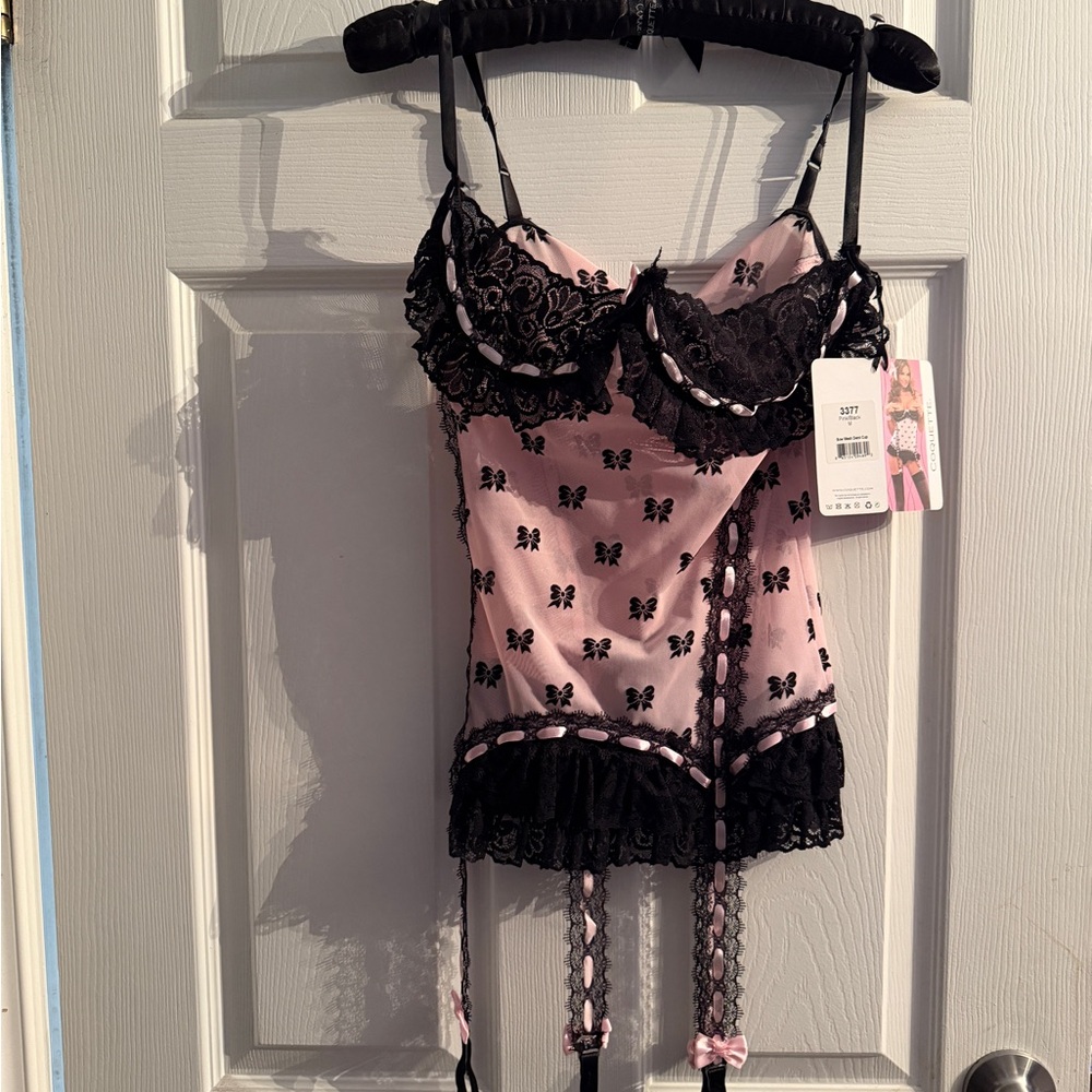 Pink and Black Lace Trim Bustier Chemise with Garters